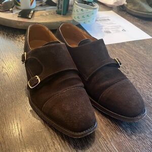 Loake 1880 Brown Suede UK Made Double Buckle Loafers sz YK 6 YS 6-1/2 EUC